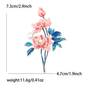 Peony flower brooch with pink enamel pearls and size dimensions shown in white background