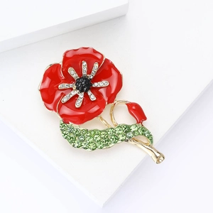 Exquisite rote Emaille Mohnblume Brosche mit grünen Kristallen und goldener Fassung