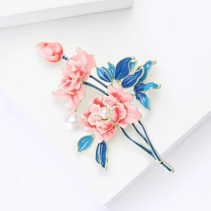 Elegant peony flower brooch with pink enamel, white pearls and gold-tone alloy finish