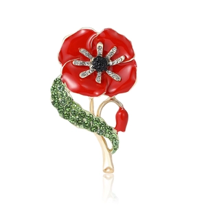 Fashion Alloy Enamel Poppy Flower Brooch For Women Red Rhinestone Floral Corsage Pin Jewelry Accessory Wedding Gift
