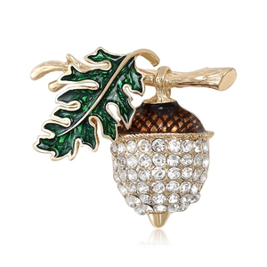 Vintage Alloy Acorn Brooch With Green Enamel Leaf Clear Rhinestone Inlaid Fruit Pine Nut Breastpin For Women Suit Jewelry