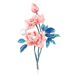 Vintage Elegant Enamel Peony Flower Brooch With Artificial Pearl Alloy Floral Pins For Women High End Suit Dress Jewelry