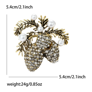Vintage gold pine cone brooch with sparkling rhinestones and white pearls, 5.4cm size