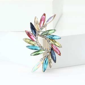 Elegant gold swirl brooch with colorful marquise crystals and pavé diamonds for women