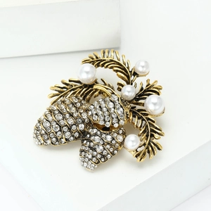 Vintage gold pine cone brooch with white pearls and sparkling rhinestones for women
