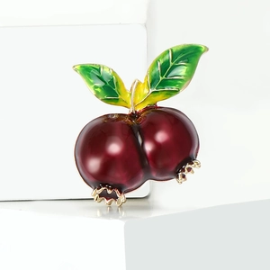 Red enamel pomegranate brooch in alloy with gold finish and green leaves for women