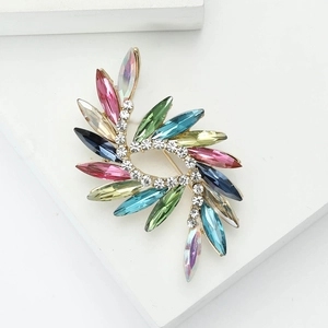 Colorful floral crystal brooch with marquise-cut rhinestones on golden metal base