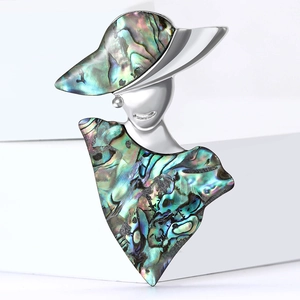 Elegant silver alloy lady brooch with shimmering abalone shell inlay on white stand