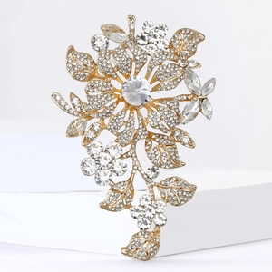 Elegant gold alloy floral brooch with sparkling white rhinestones and crystal accents