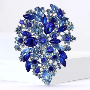 Elegant silver alloy brooch with blue crystals and marquise rhinestones for women suit