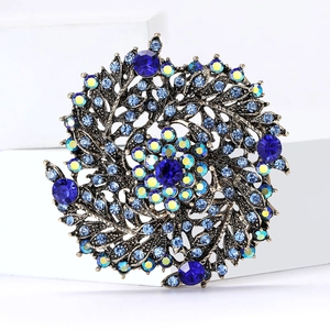Broche couronne de blé vintage en alliage avec strass bleus et motif floral rotatif