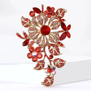 Luxury floral crystal brooch with deep red and iridescent rhinestones on gold frame