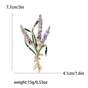 Broche lavande en épi de blé élégante avec strass colorés et dimensions de taille