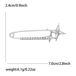Silver star safety pin brooch with rhinestones for women suit jacket and coat