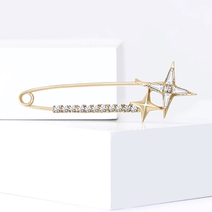 Elegant gold alloy safety pin brooch with sparkling rhinestone cross star pendants