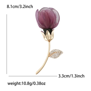 Exquisite purple fabric rose brooch with gold leaves and rhinestones, sized 3.2 inches