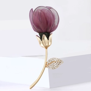 Elegant purple fabric tulip brooch with gold alloy stem and sparkling crystals for women