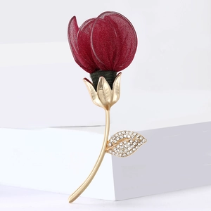 Exquisite dark red fabric rose brooch with gold alloy leaves and sparkling rhinestones