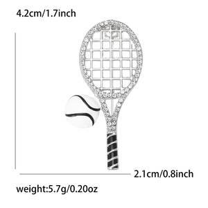 Detail view of rhinestone tennis racket brooch with precise dimensions 4.2x2.1cm and weight 5.7g