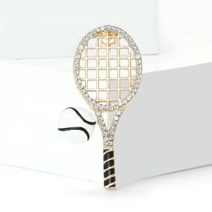 Modern tennis racket brooch with gold plating, sparkling rhinestones and white enamel tennis ball