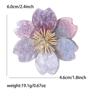 Elegant purple acrylic flower brooch with gold stamen and rhinestones for women