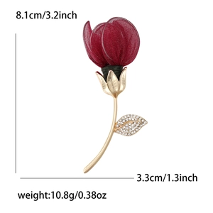 Elegant red fabric rose brooch with rhinestones and dimensions 8.1cm by 3.3cm