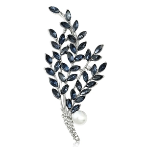 Elegant Alloy Rhinestone Branch Leaf Brooch With Faux Artificial Pearl Crystal Willow Flower Pin For Women Wedding Party Jewelry