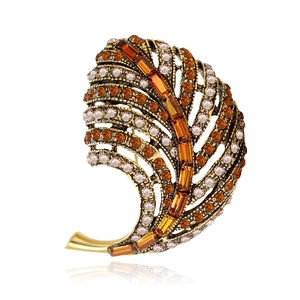 Vintage Alloy Rhinestone Curved Leaf Brooch Elegant Colorful Feather Breastpin For Men Women Clothes Accessories Corsage Jewelry