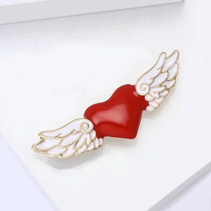 Broche cœur à ailes d'ange en émail rouge et blanc avec alliage doré pour femme