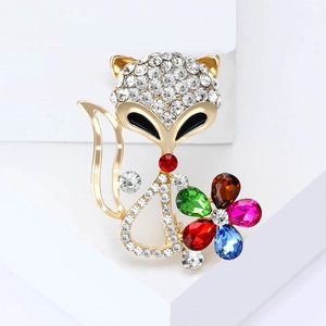 Elegante spilla a volpe con fiori di cristallo colorati e strass scintillanti in oro