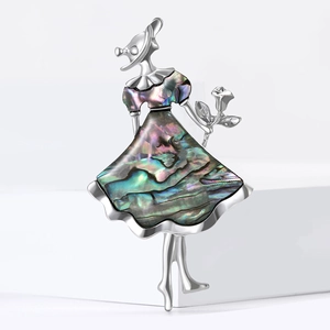 Elegant woman silhouette brooch with iridescent abalone shell inlay holding a rose