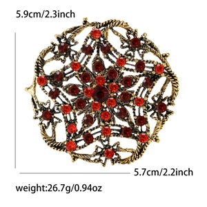 Vintage alloy brooch with red rhinestones and hollow patterns, 5.9cm height size guide