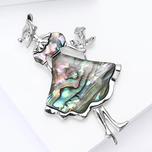 Fashionable shell dress brooch with silver lady figure and rose, iridescent shell inlay