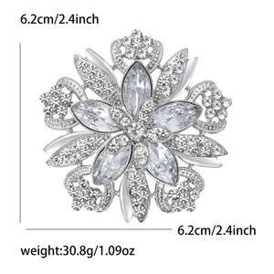 Elegant silver flower brooch with clear crystals, 6.2cm heavy craft jewelry for women