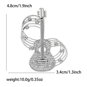 Detailed size chart for silver guitar brooch featuring white crystals and music notes