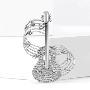 Creative guitar shape brooch with silver metal base and sparkling white zircon stones