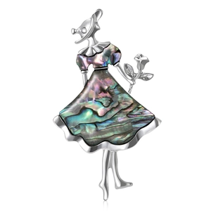 Elegant Lady In Hat Holding Rose Shell Inlaid Alloy Brooch Pin For Women Fashion Dress Jewelry Corsage Silver Tone