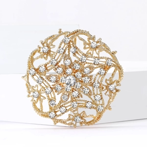 Macro shot of circular hollow brooch featuring gold alloy filigree and inlaid rhinestones