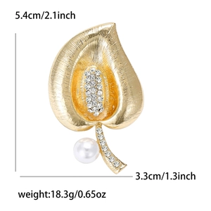 Golden leaf brooch with white pearl and sparkling rhinestones for elegant suit decoration