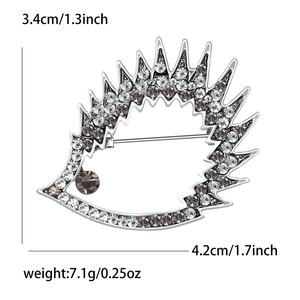 Detailed size chart of a hedgehog brooch with rhinestones showing dimensions and weight