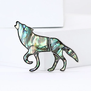 Artistic howling wolf brooch with colorful abalone shell inlay in silver finish