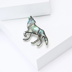 Vintage wolf brooch with abalone shell inlay on silver metal for men suit jacket