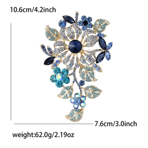 Detailed dimensions of a large blue glass flower brooch with dimensions and weight info
