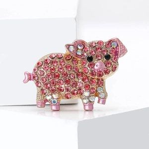 Cute pink pig brooch with sparkling rhinestones and gold alloy for women's coats