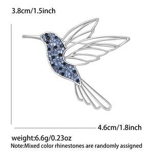 Sparkling hummingbird brooch with blue rhinestones and elegant hollow wings for women