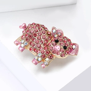 Cute pink rhinestone pig brooch with gold-plated alloy finish for women's coats