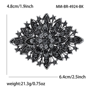 Luxurious vintage floral alloy brooch with grey rhinestones and size measurements