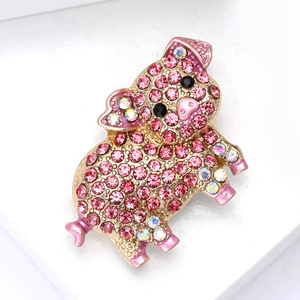 Cute golden pig brooch with pink rhinestones and crystal accents for women's coats