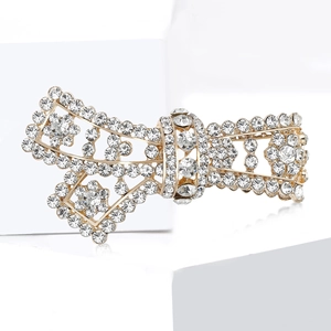 Elegant gold-tone alloy bow brooch with sparkling rhinestones for luxury formal outfits