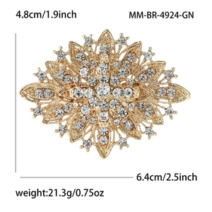 Luxury gold alloy floral brooch with sparkling rhinestones, 6.4x4.8cm elegant accessory